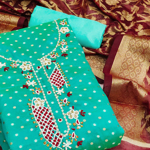 Turquoise Woven With Hand Embroidery Chanderi Dress Material