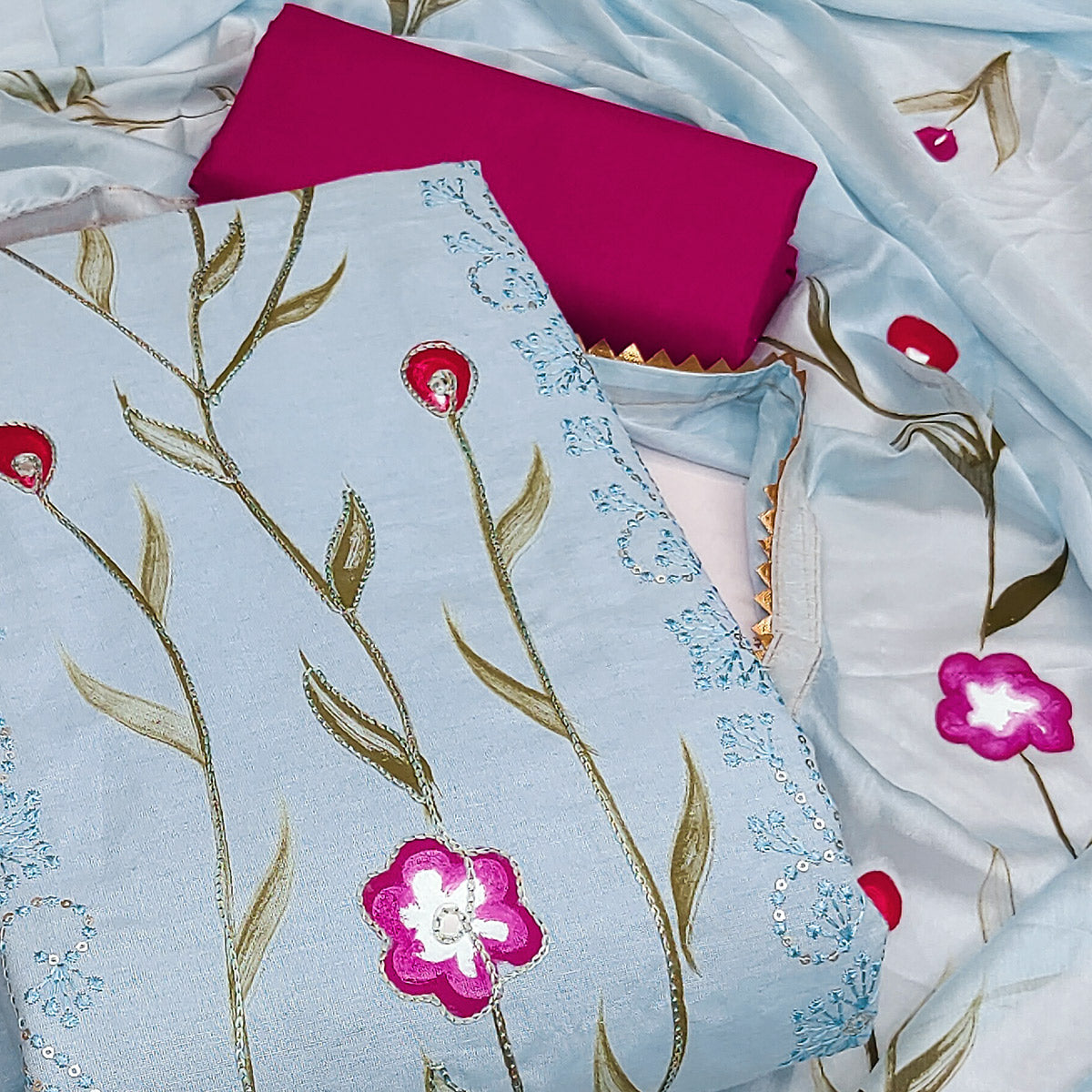 Bluish Grey Hand Embroidery With Printed Pure Cotton Dress Material
