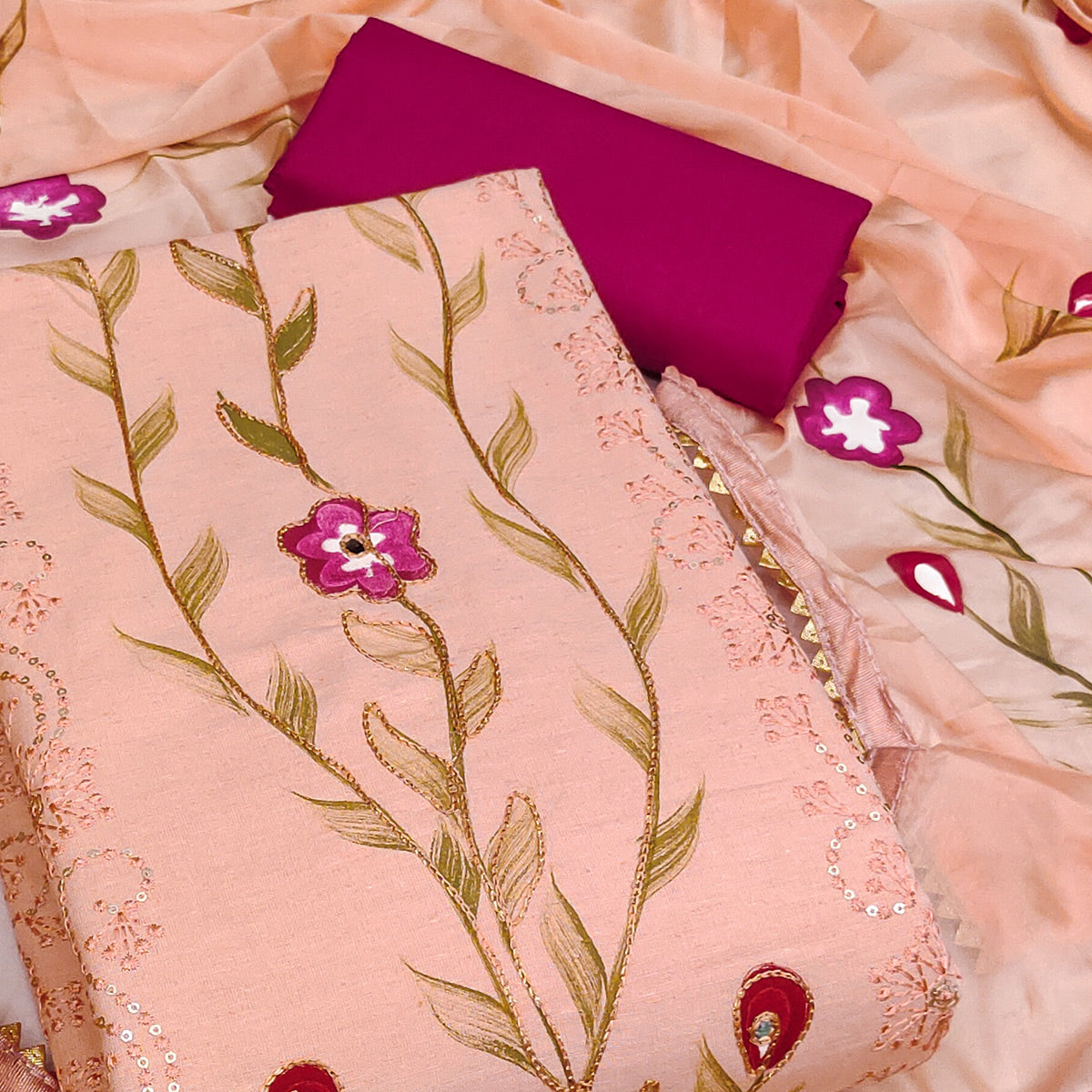 Peach Hand Embroidery With Printed Pure Cotton Dress Material