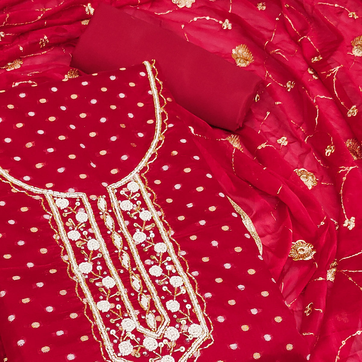 Red Woven With Hand Embroidery Chanderi Dress Material