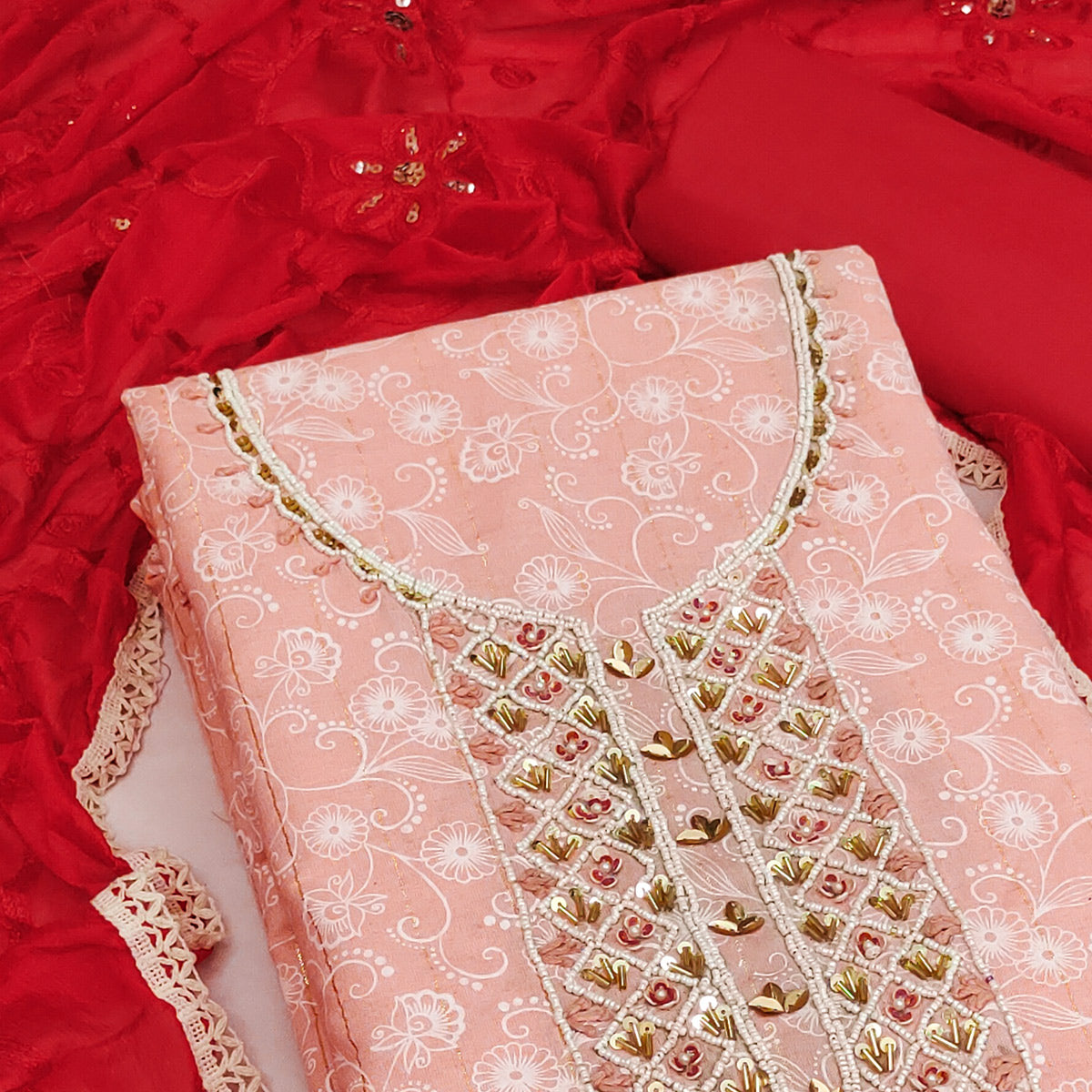 Peach Floral Printed With Hand Embroidery Pure Cotton Dress Material