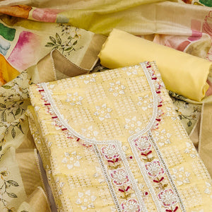 Yellow Floral Printed With Hand Embroidery Chanderi Dress Material