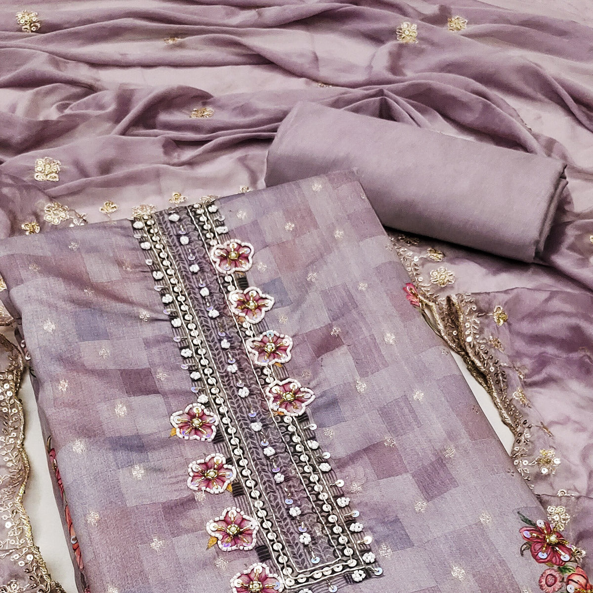 Purple Floral Digital Printed With Handwork Chanderi Dress Material