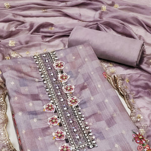 Purple Floral Digital Printed With Handwork Chanderi Dress Material