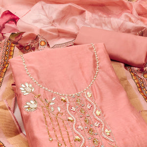 Peach Floral Hand Embroidery Chanderi Dress Material