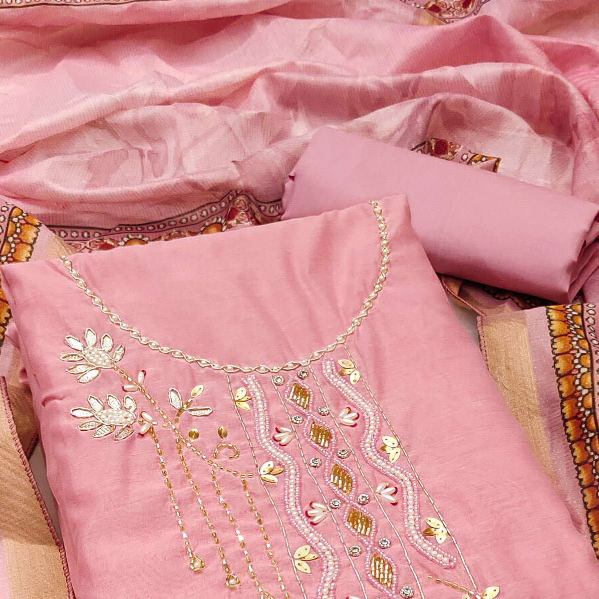 Pink Floral Hand Embroidery Chanderi Dress Material