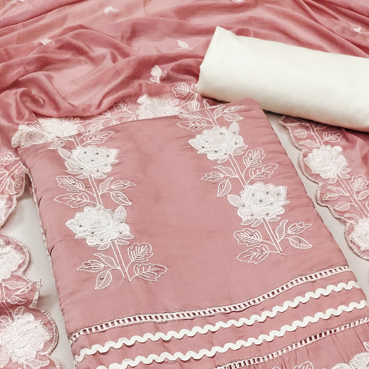 Peach Floral Stone Embroidered Cotton Silk Dress Material