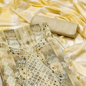 Cream Digital Printed With Hand Embroidery Chanderi Dress Material