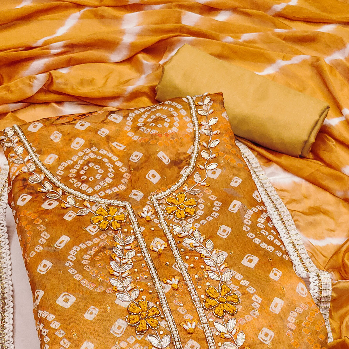 Mustard Bandhani Printed With Hand Embroidery Chanderi Dress Material