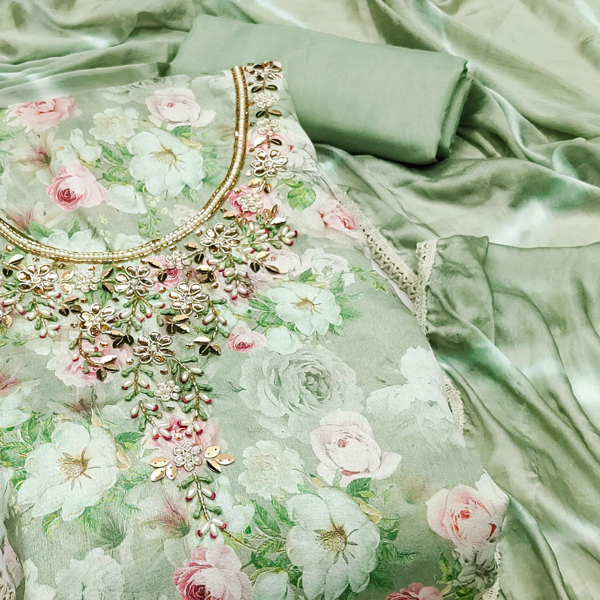 Green Floral Digital Printed With Hand Embroidery Muslin Dress Material