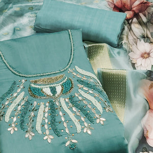 Blue Hand Embroidered Cotton Silk Dress Material