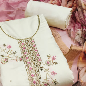 Offwhite Floral Hand Embroidered Cotton Silk Dress Material