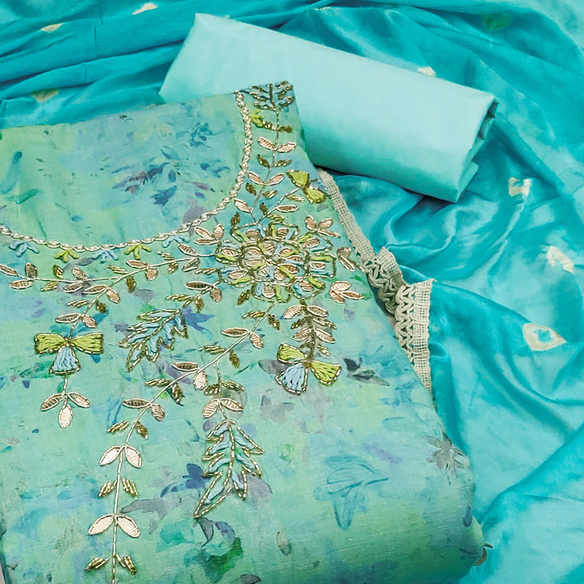 Blue Printed With Hand Embroidery Pure Cotton Dress Material