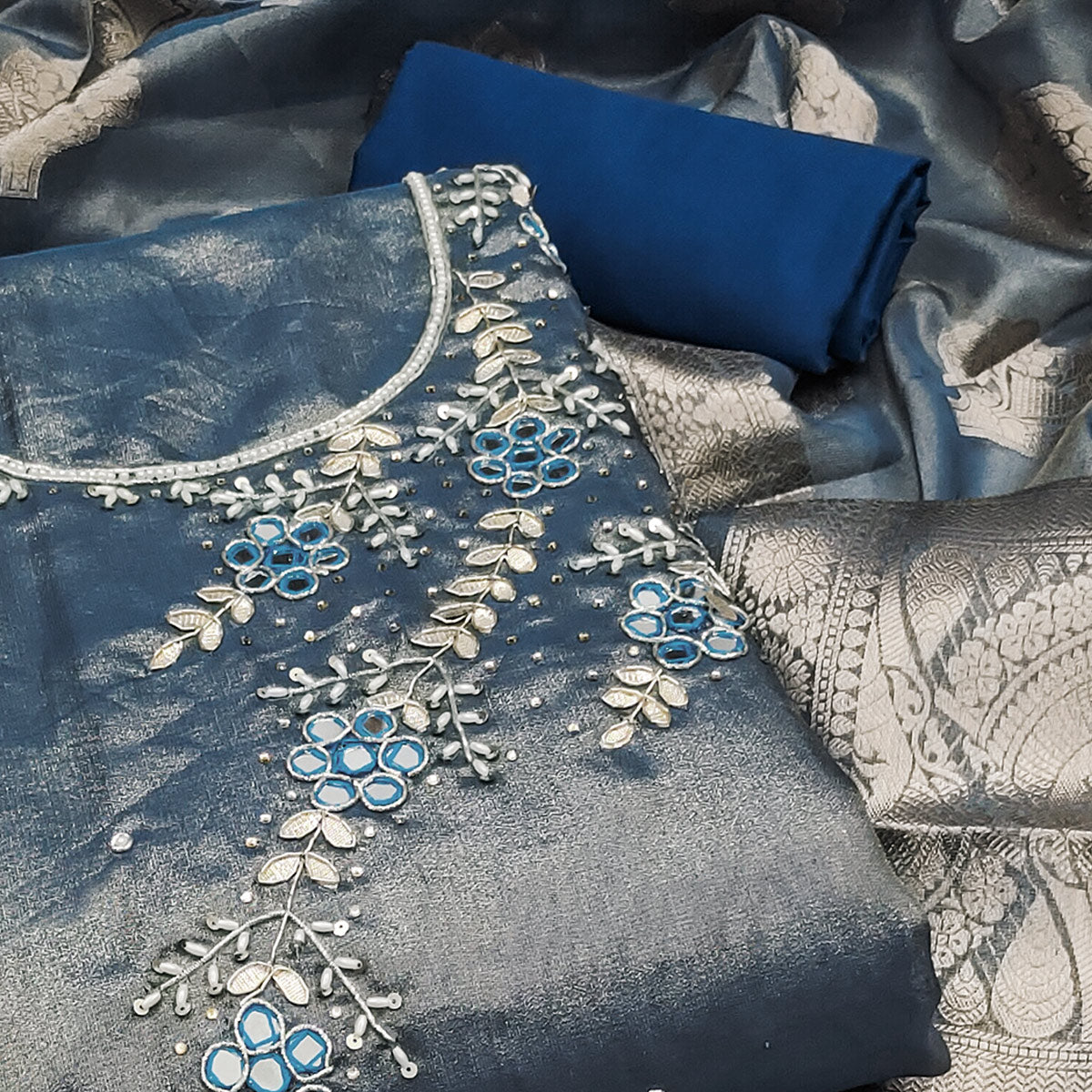 Blue Floral Hand Embroidered Viscose Dress Material