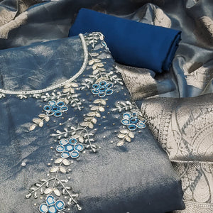 Blue Floral Hand Embroidered Viscose Dress Material