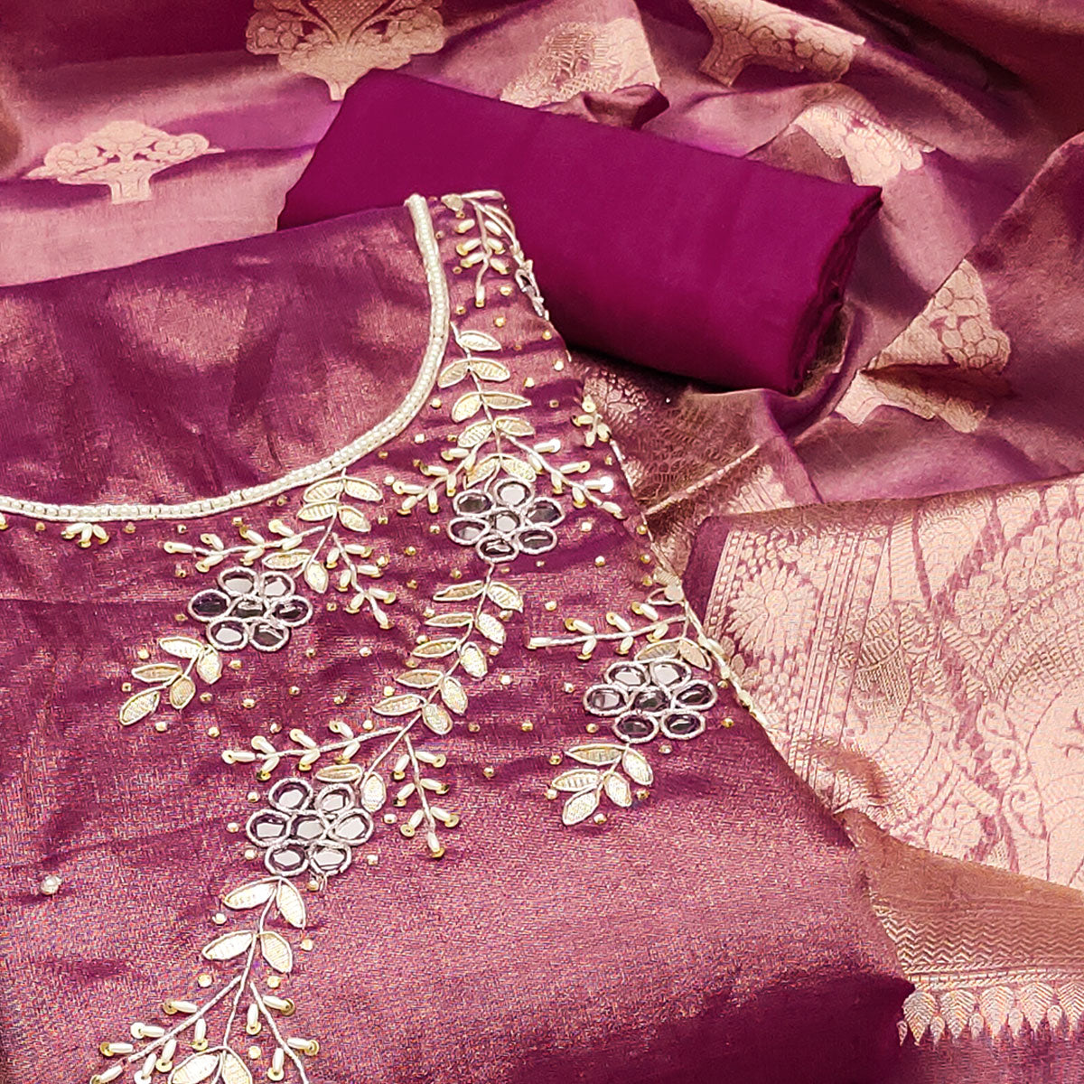 Purple Floral Hand Embroidered Viscose Dress Material