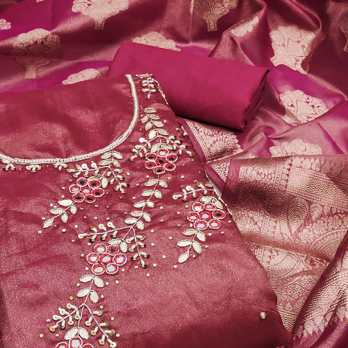 Rani Pink Floral Hand Embroidered Viscose Dress Material