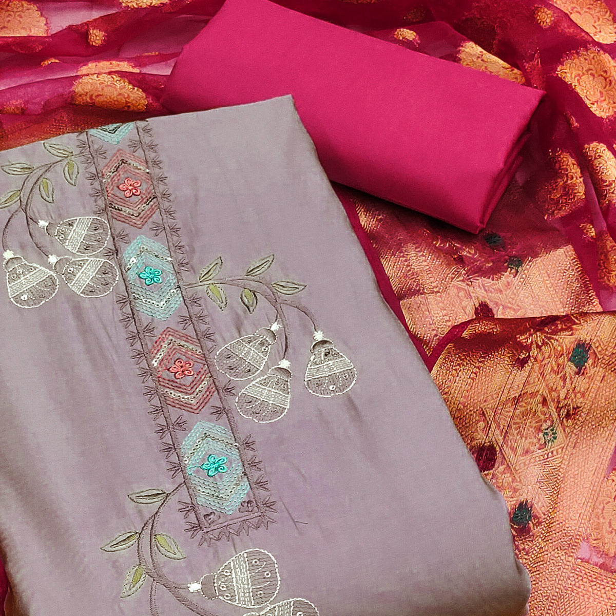 Light Purple Floral Embroidered Cotton Silk Dress Material
