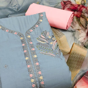 Blue Floral Embroidered Cotton Silk Dress Material