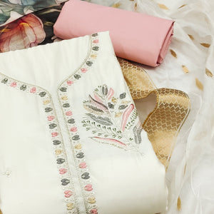 Offwhite Floral Embroidered Cotton Silk Dress Material