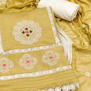 Yellow Floral Embroidered Cotton Silk Dress Material