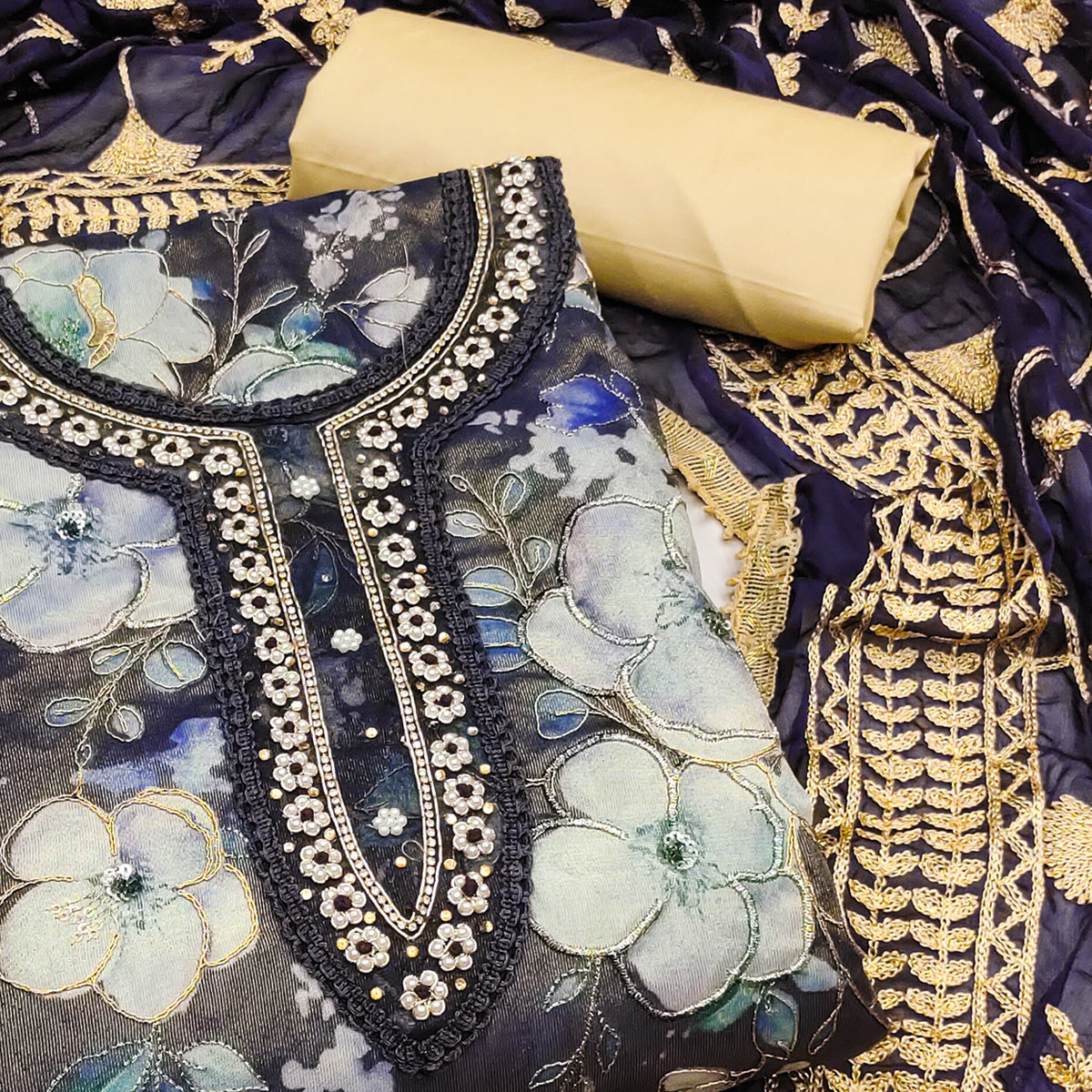 Blue Floral Printed With Hand Embroidered Viscose Dress Material