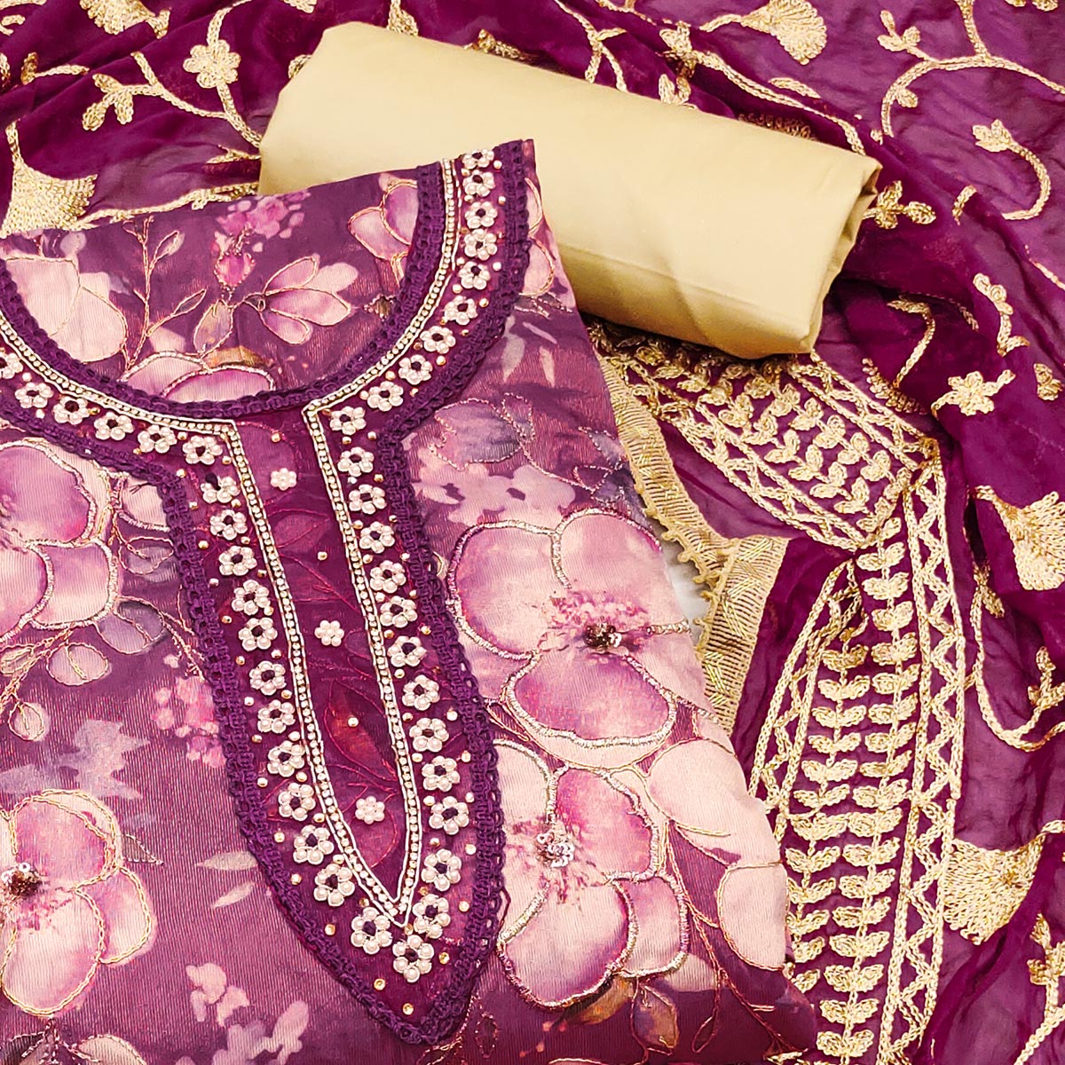 Purple Floral Printed With Hand Embroidered Viscose Dress Material