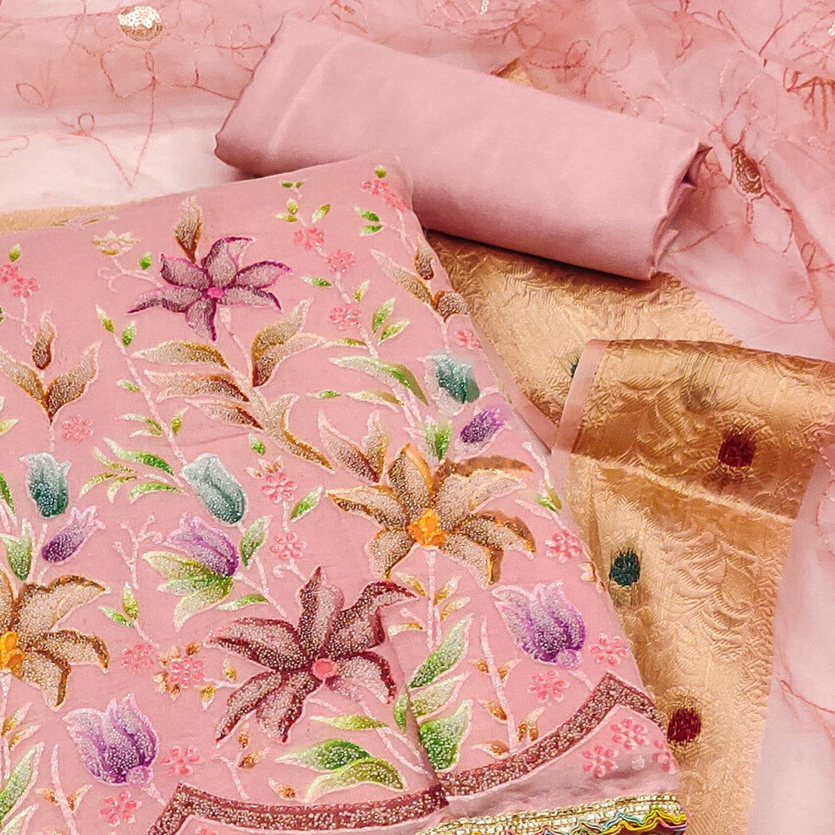 Peach Floral Hand Embroidered Organza Dress Material