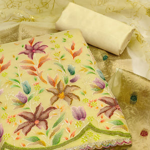 Yellow Floral Hand Embroidered Organza Dress Material