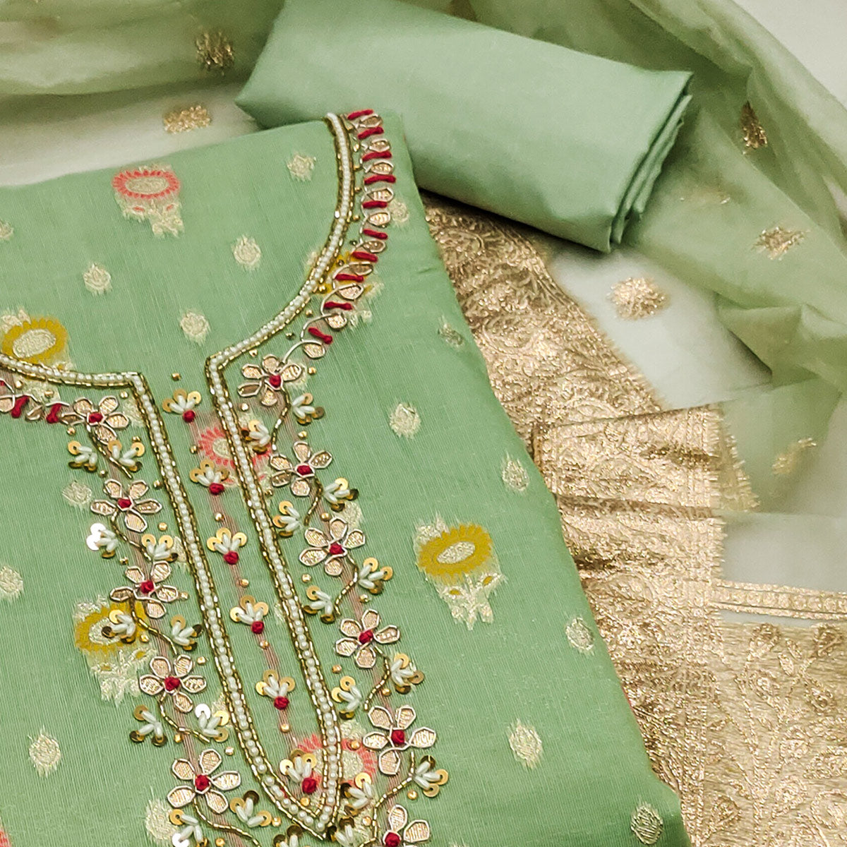 Green Woven With Handwork Organza Dress Material