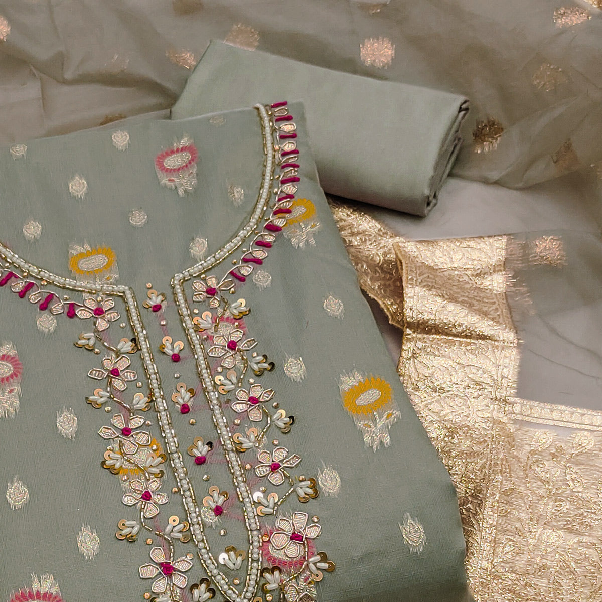 Grey Woven With Handwork Organza Dress Material