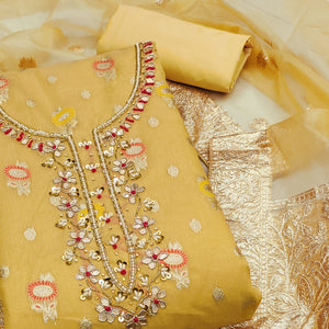 Yellow Woven With Handwork Organza Dress Material