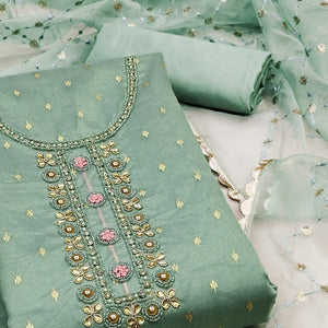 Green Woven With Handwork Organza Dress Material