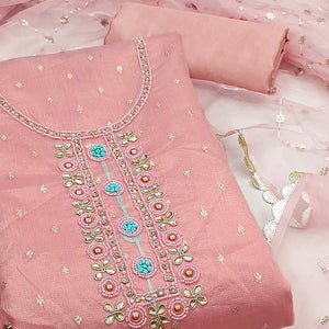 Pink Woven With Handwork Organza Dress Material