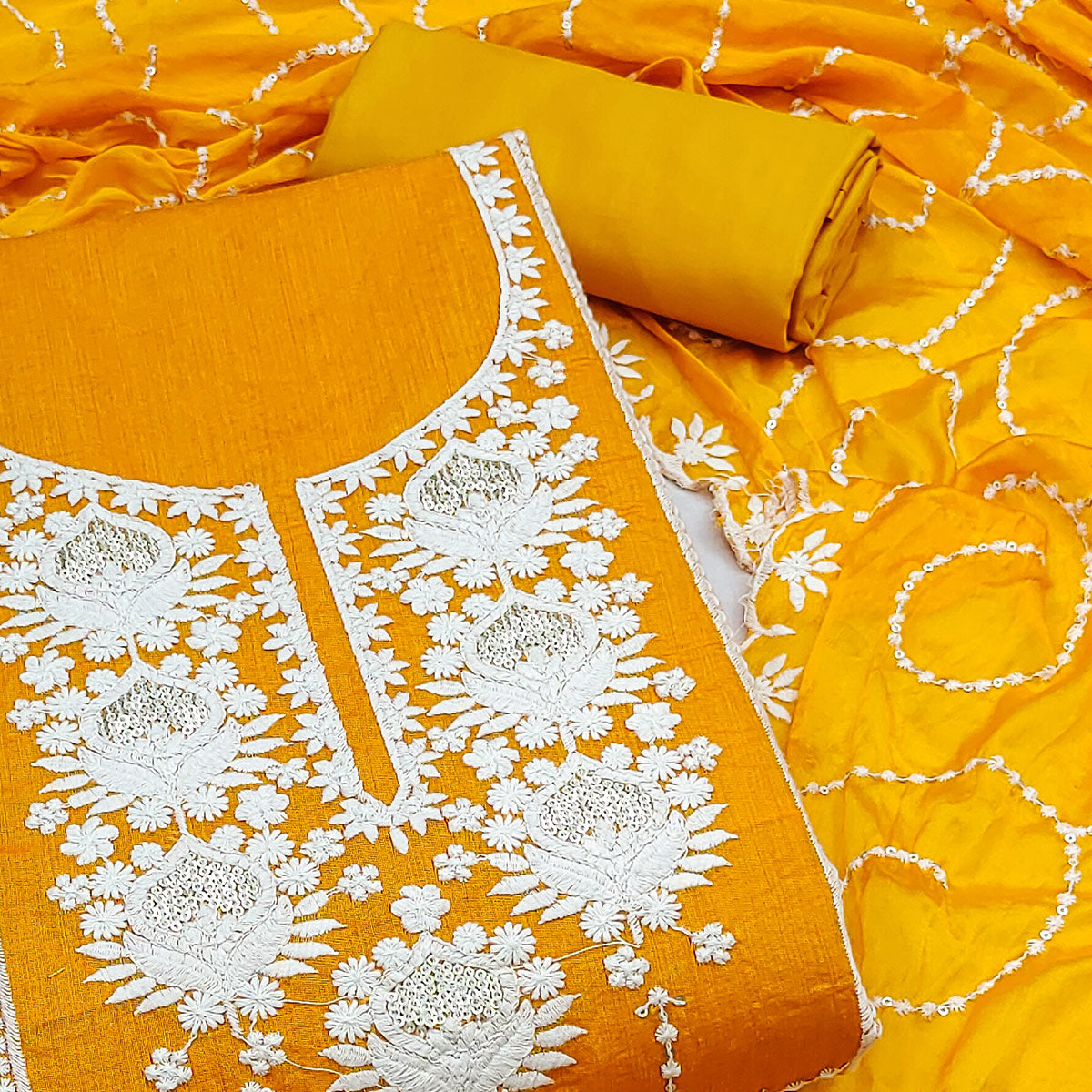 Mustard Floral Sequins Embroidered Chanderi Silk Dress Material