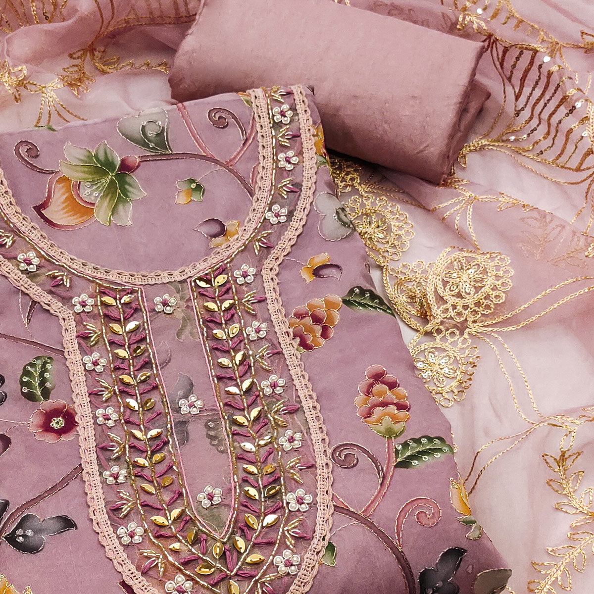 Mauve Floral Digital Printed With Hand Embroidery Organza Dress Material