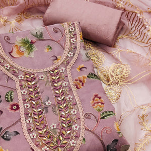 Mauve Floral Digital Printed With Hand Embroidery Organza Dress Material