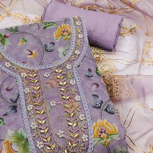 Purple Floral Digital Printed With Hand Embroidery Organza Dress Material