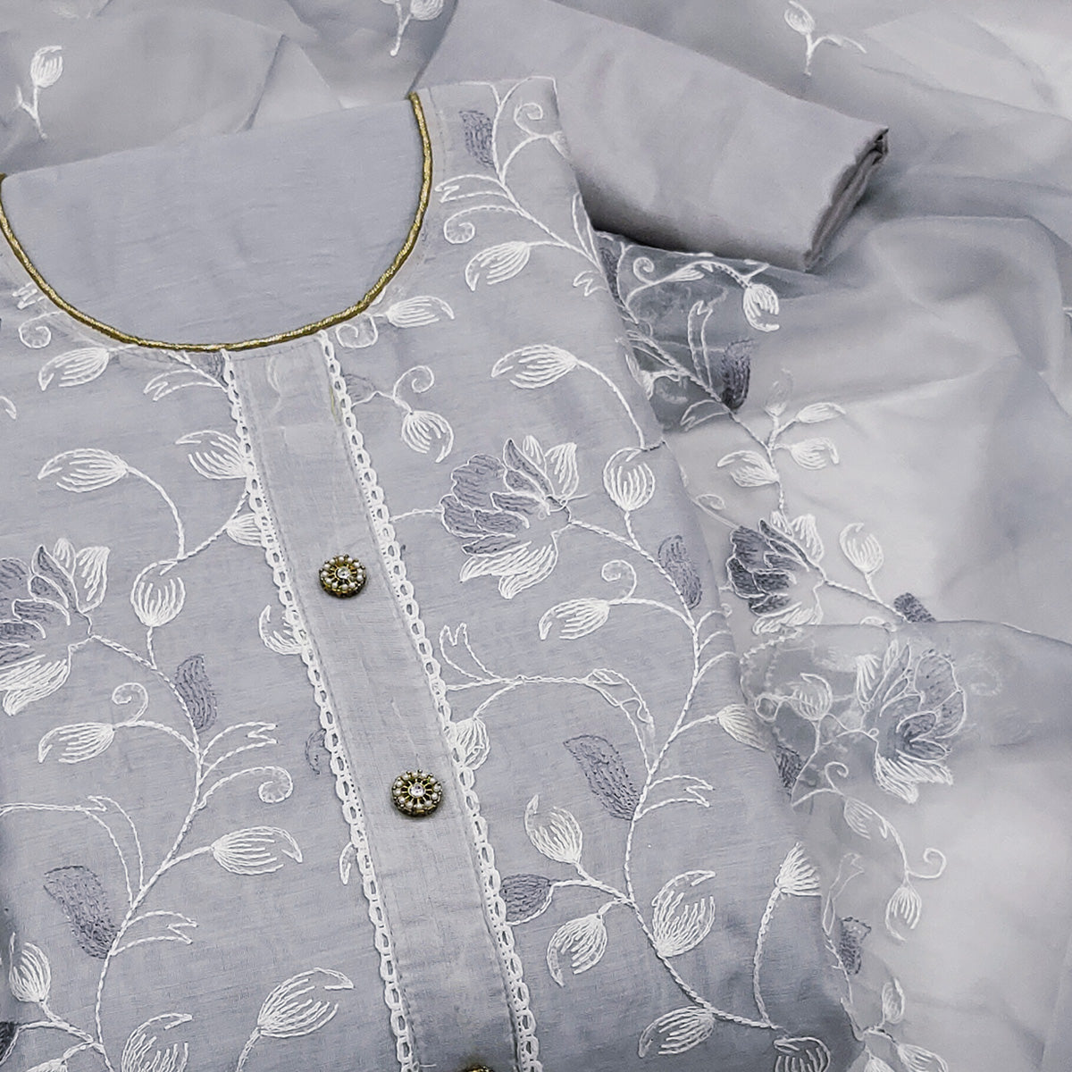 Grey Floral Embroidered Chanderi Silk Dress Material