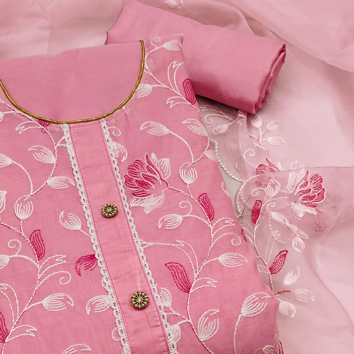 Pink Floral Embroidered Chanderi Silk Dress Material