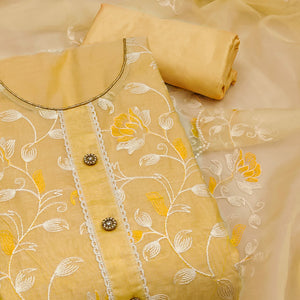 Yellow Floral Embroidered Chanderi Silk Dress Material