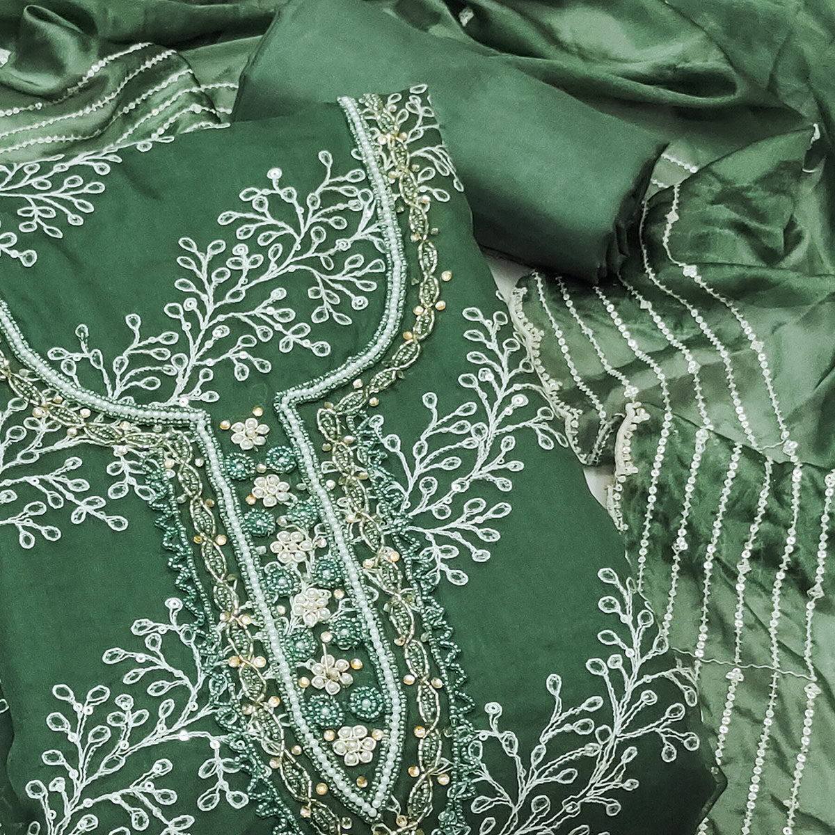 Bottle Green Sequins Embroidery With Handwork Organza Dress Material