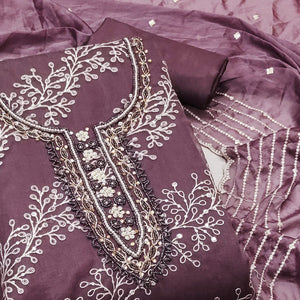 Wine Sequins Embroidery With Handwork Organza Dress Material