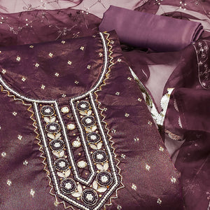 Wine Woven With Handwork Organza Dress Material