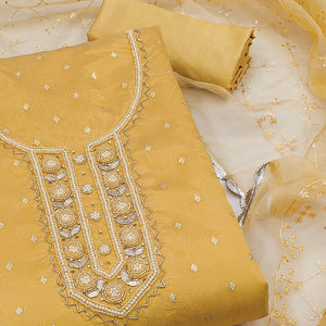 Yellow Woven With Handwork Organza Dress Material