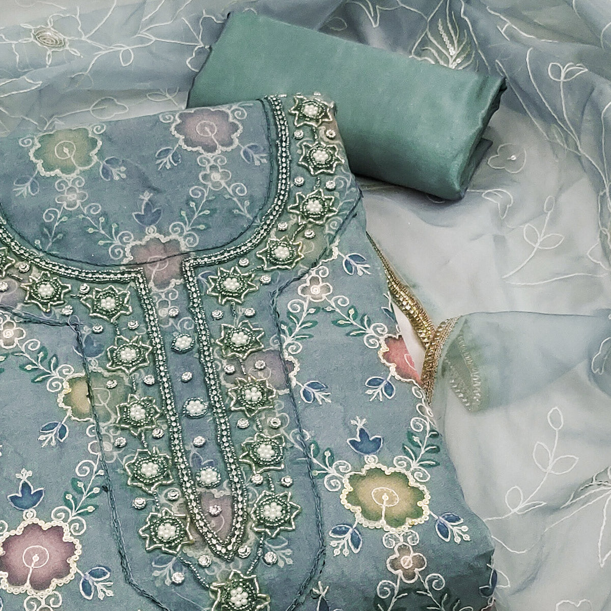 Blue Digital Printed With Hand Embroidered Organza Dress Material