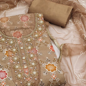 Brown Digital Printed With Hand Embroidered Organza Dress Material