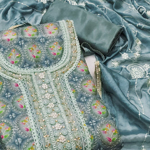 Blue Sequins Embroidery With Handwork Organza Dress Material