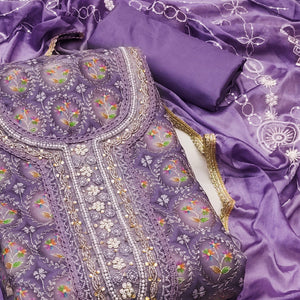 Purple Sequins Embroidery With Handwork Organza Dress Material
