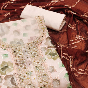 Light Peach Hand Embroidery With Digital Printed Organza Dress Material